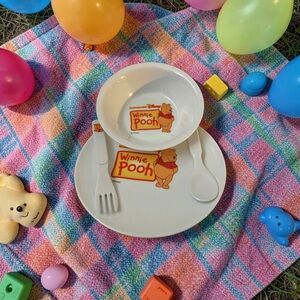 Disney Winnie the Pooh White Kids Dinnerware Set with Fork and Spoon